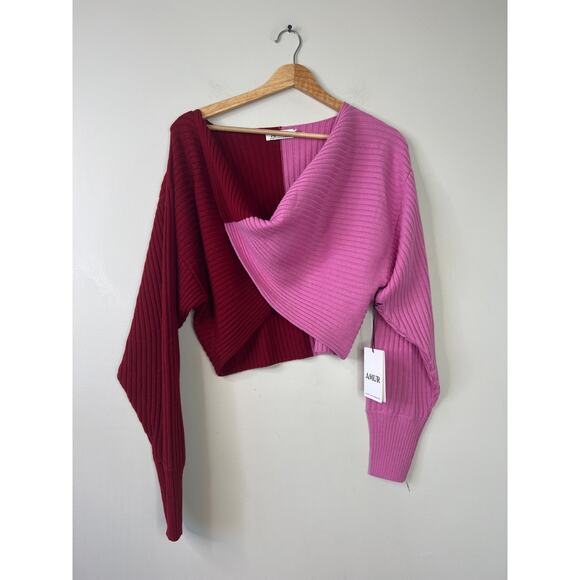 NWT Amur V-Neck Rib Knit Wool Twist Front Cruz Twist Sweater Cranberry Red - Picture 3 of 10